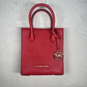 Michael Kors Red Pebbled Leather Mini Tote with Gold MK Charm
